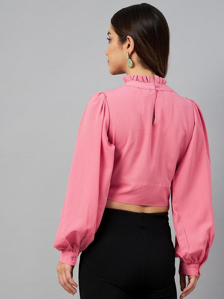 plusS Pink Solid Mandarin Collar Bishop Sleeves Wrap Top