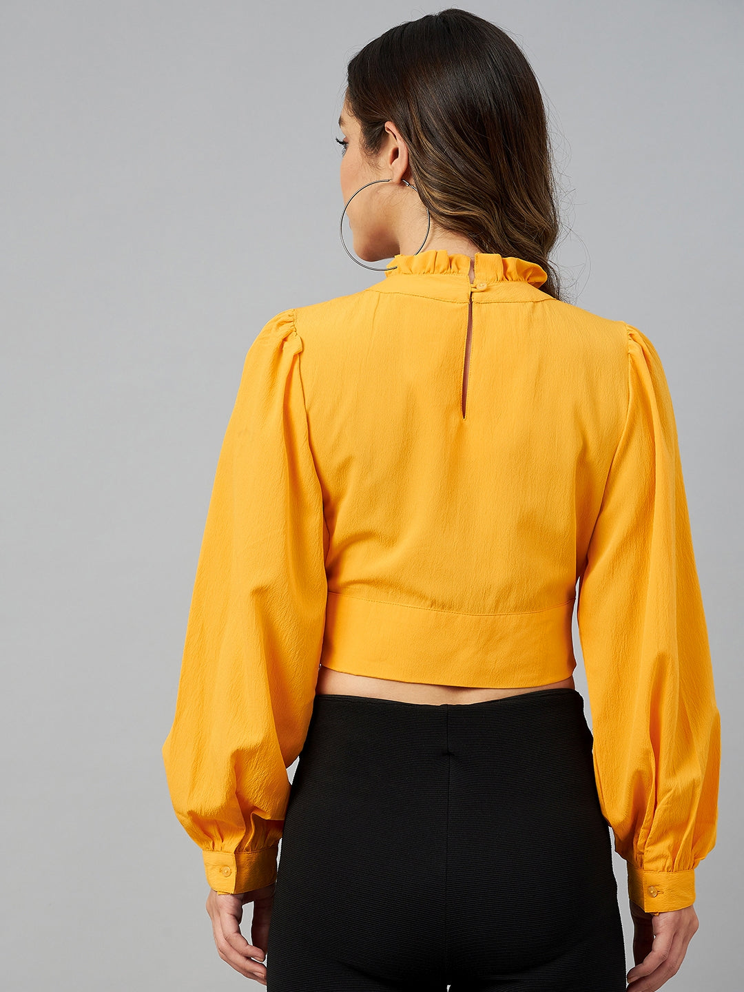 plusS Yellow Solid Mandarin Collar Wrap Crop Top