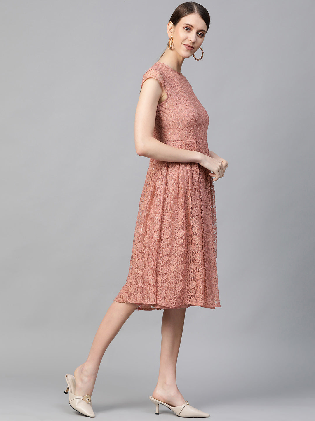 Peach-Coloured Lace A-Line Dress