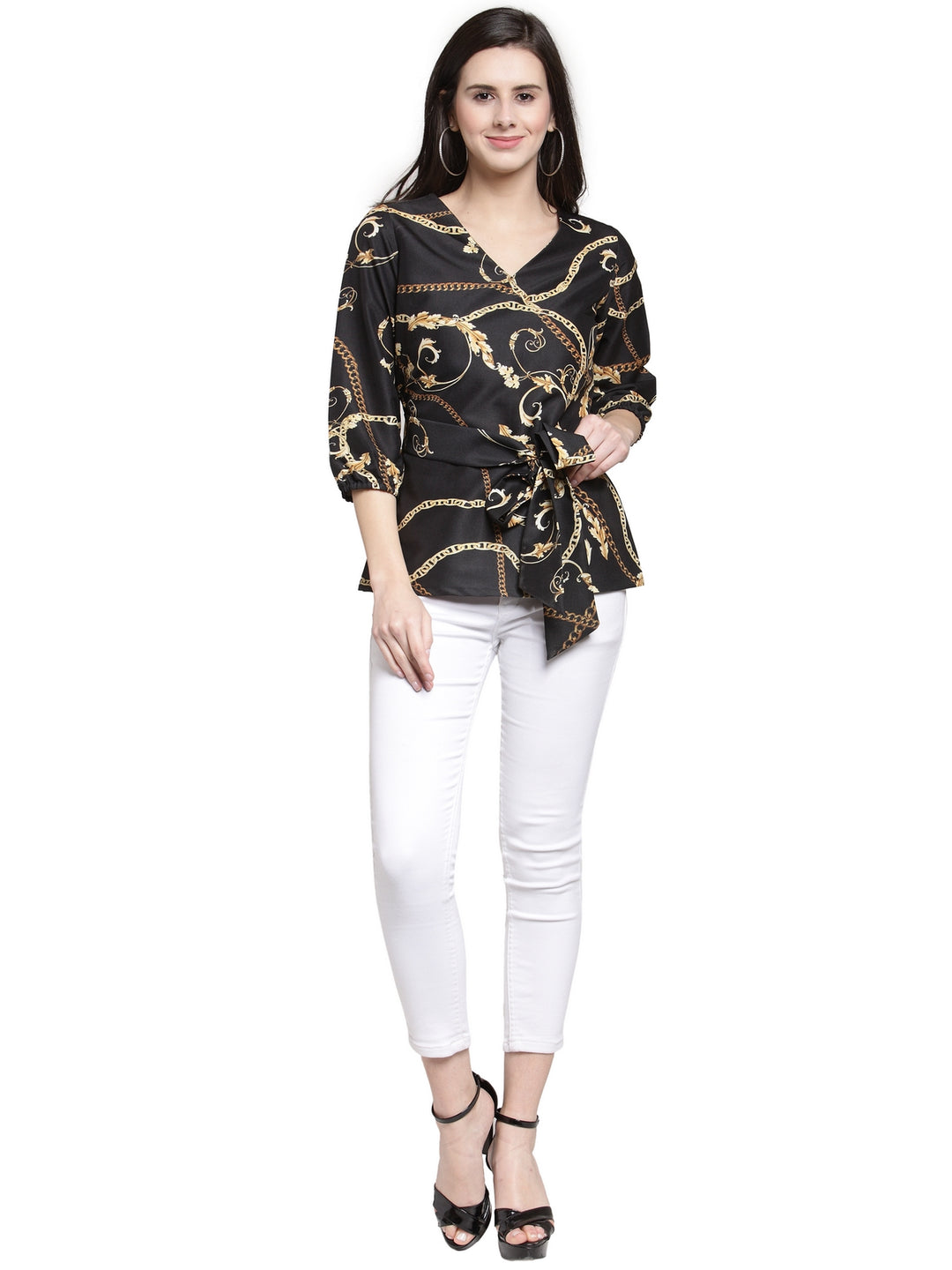 plusS Black Ethnic Motifs Cinched Waist Top