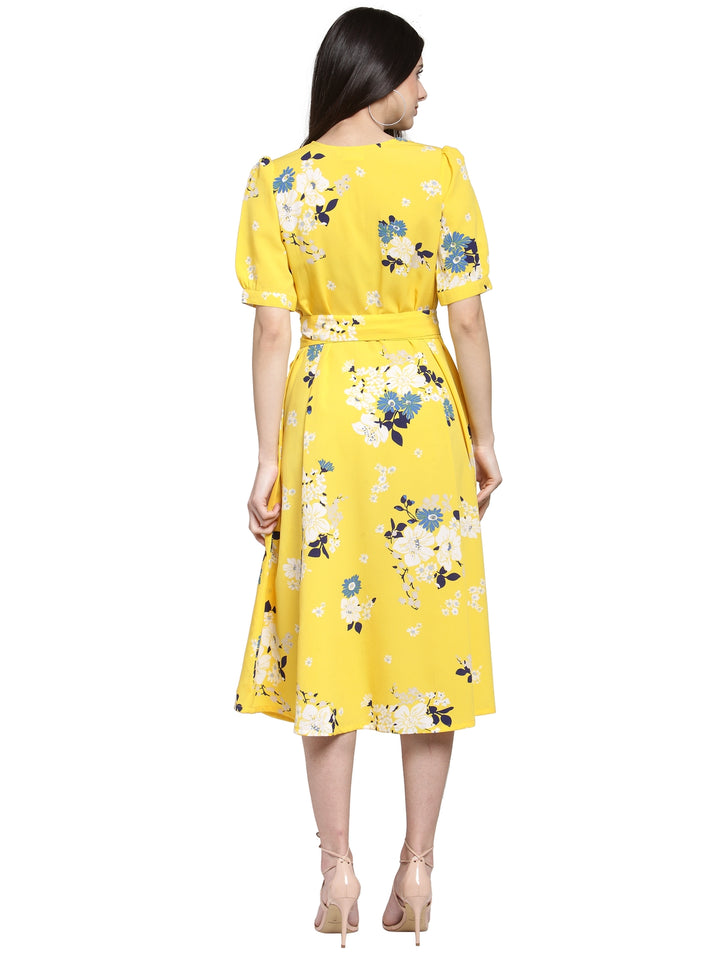 Yellow Floral Printed Fit and Flare Dress