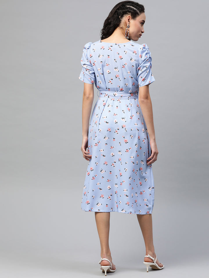 plusS Women Blue  Peach-Coloured Floral Print Midi A-Line Dress with Belt