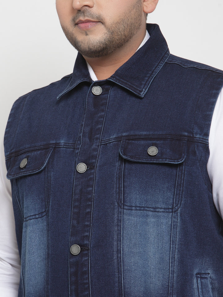 Men Blue Solid Denim Jacket