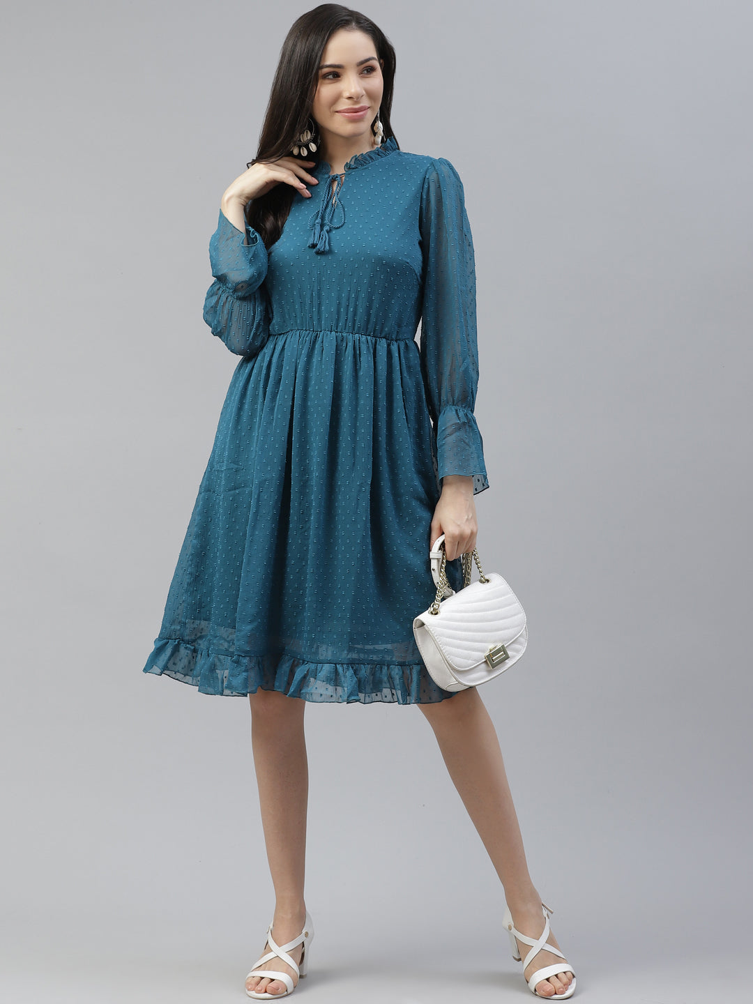 plusS Teal Blue Tie-Up Neck A-Line Dress