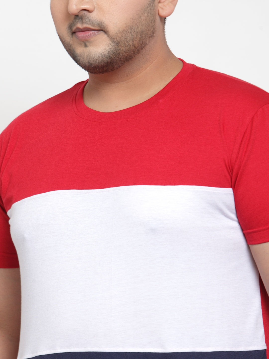 plusS Men Red  White Colourblocked Round Neck Pure Cotton T-shirt