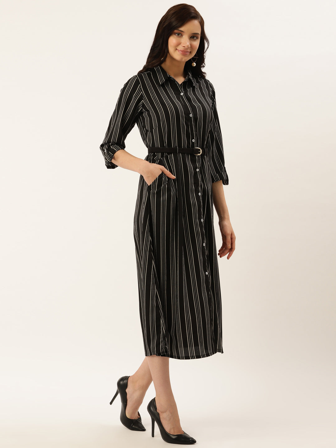 plusS Women Black  White Striped Shirt Dress