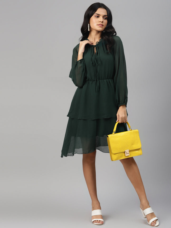 plusS Green Tie-Up Neck Layered A-Line Dress