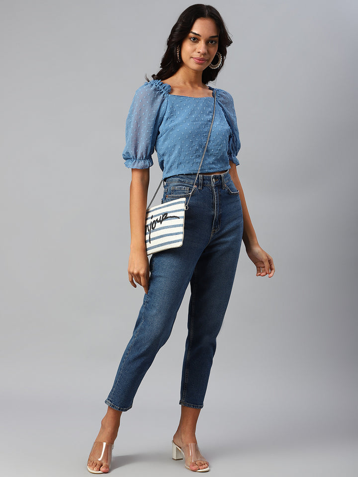 plusS Blue Self Design Puff Sleeves Crop Top