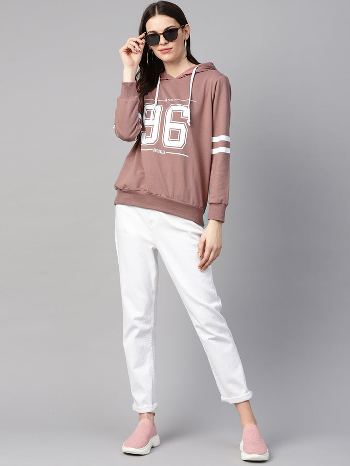 plusS Women Dusty Pink  White Printed Hooded Sweatshirt