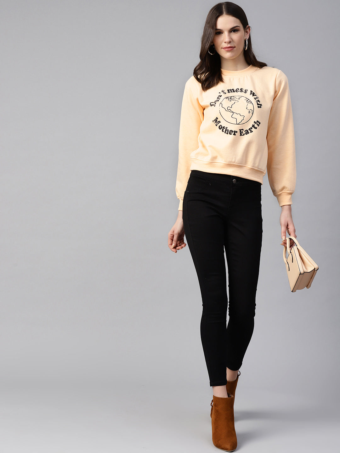 plusS Women Peach-Coloured  Black Typography Print Sweatshirt