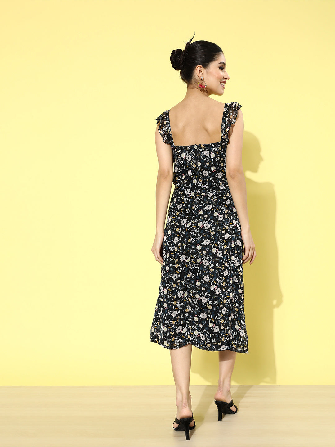 Women Black Floral Print A-Line Dress