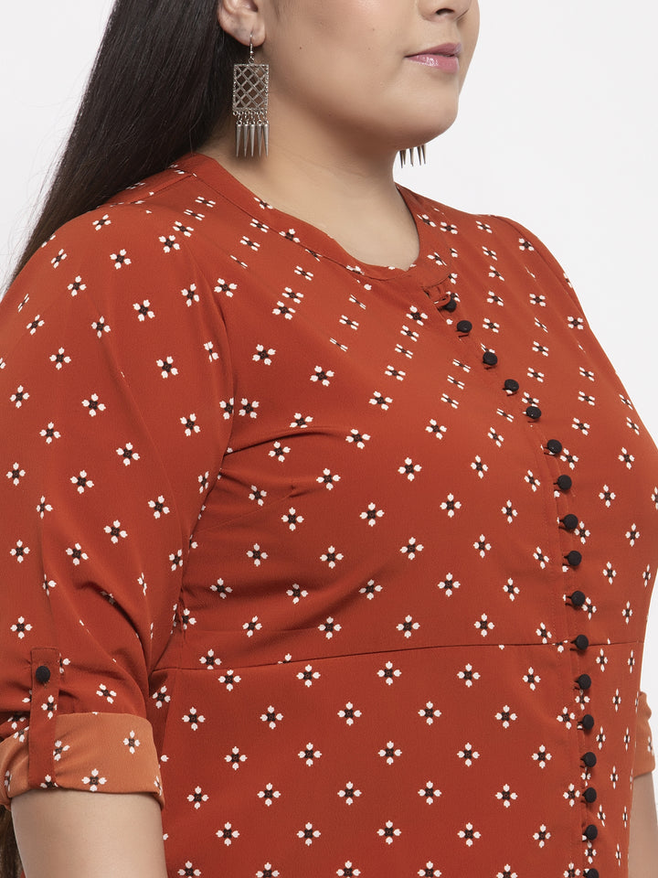 plusS Women Rust Brown  Off-White Printed A-Line Kurta