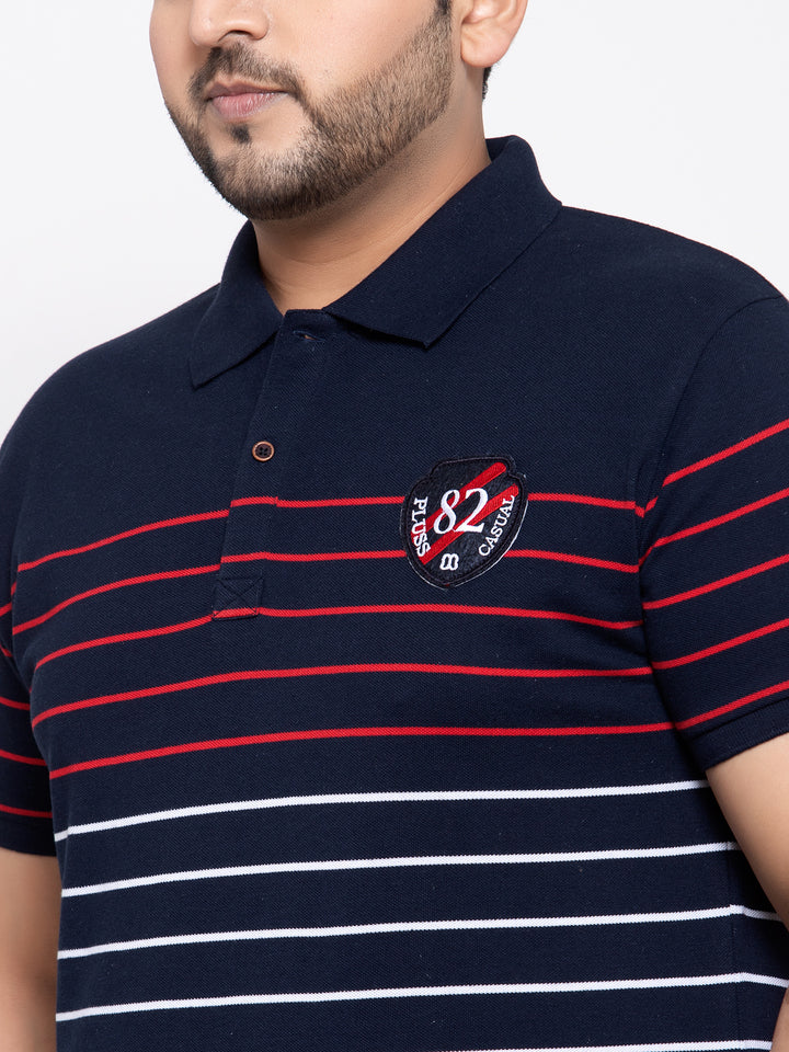 Men Plus size Navy Blue & White Striped Polo Collar T-shirt