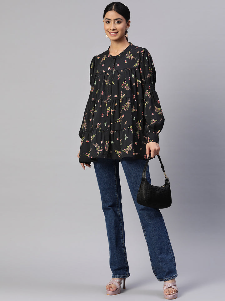 plusS Floral Print Georgette Longline Top