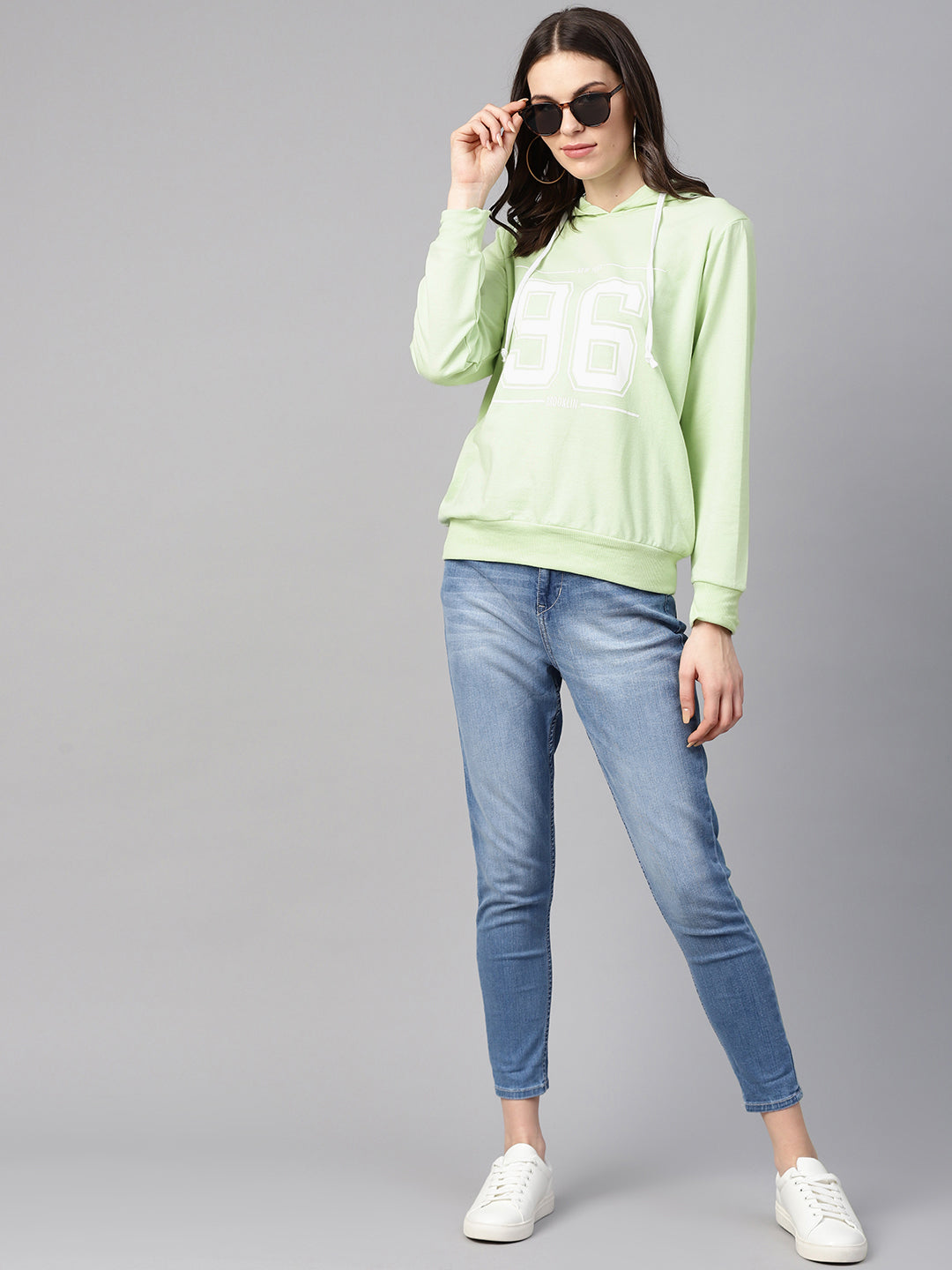 plusS Women Lime Green  White Alphanumeric Print Hooded Sweatshirt