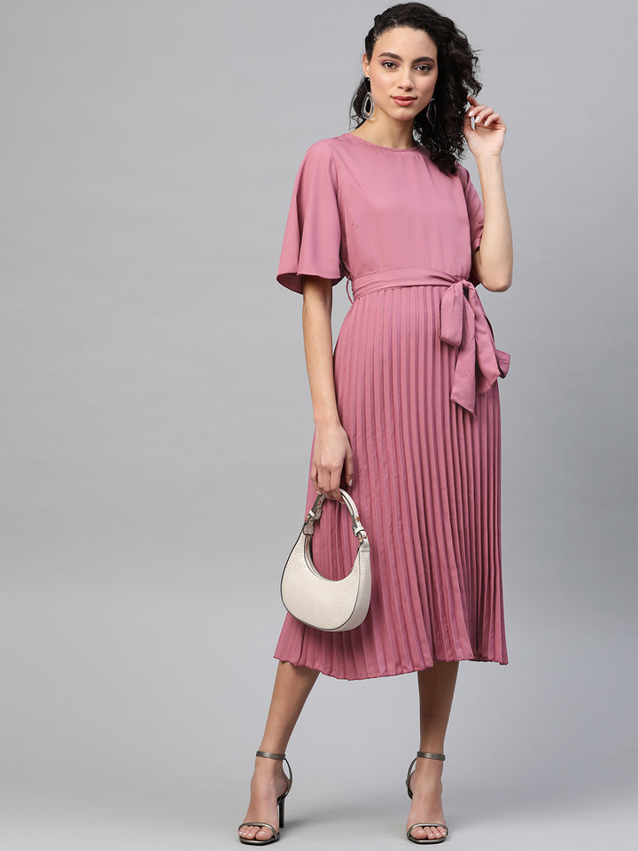 plusS Women Mauve Solid Accordion Pleated Midi A-Line Dress with Belt