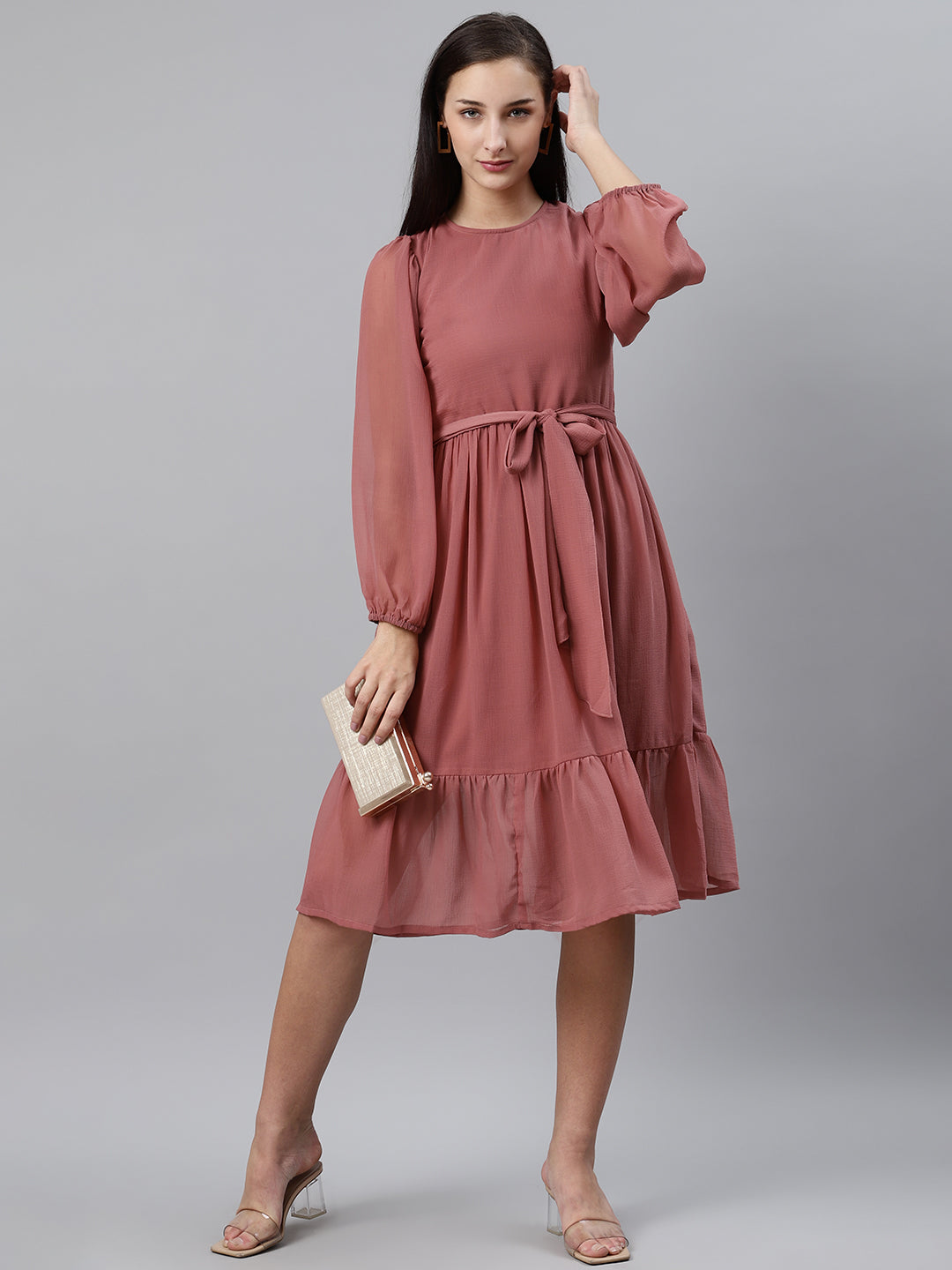 plusS Women Dusty Pink Solid A-Line Dress