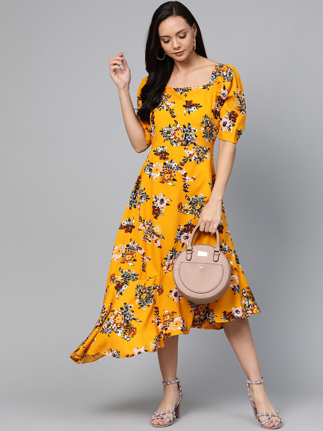 plusS Women Mustard Yellow  Black Floral Print A-Line Dress