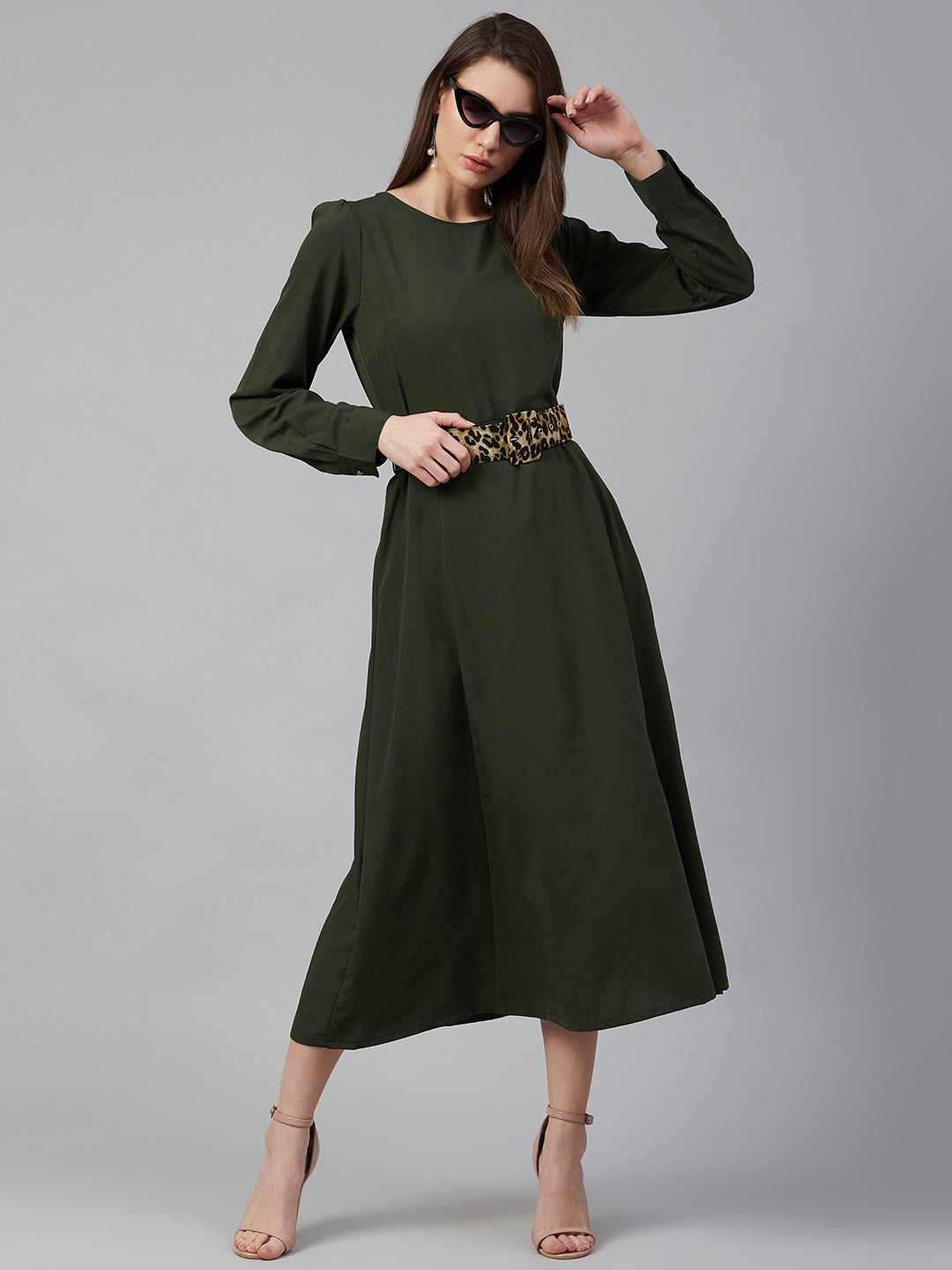 plusS Olive Green Midi Dress With Puff Sleeves