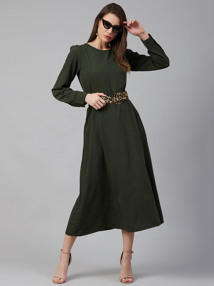 plusS Olive Green Midi Dress With Puff Sleeves