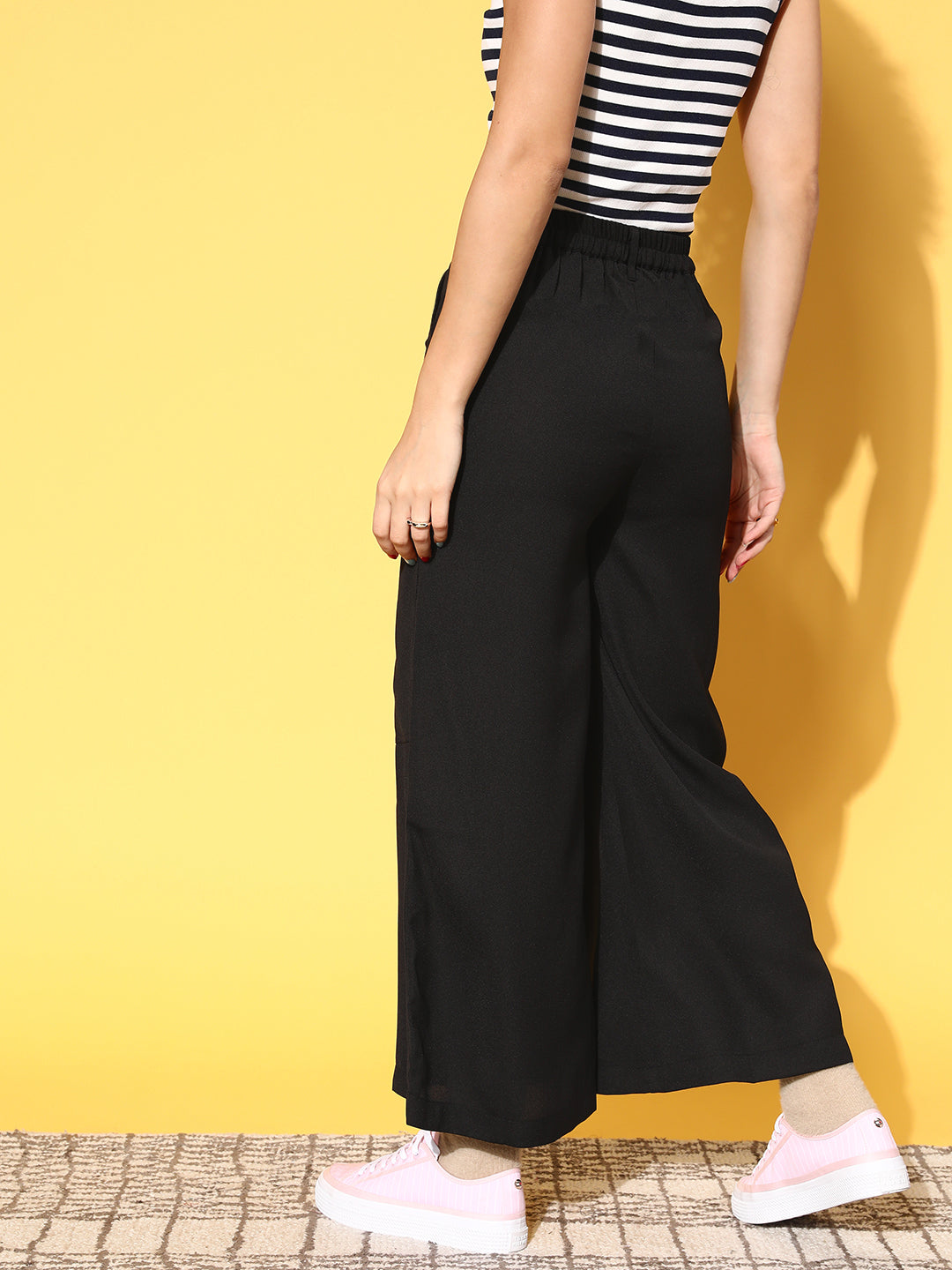 plusS Women Elegant Black Solid Resort Wear Trousers