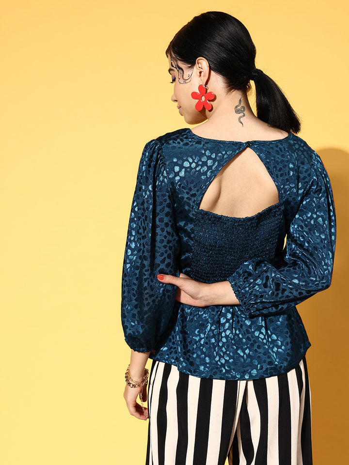 plusS Stylish Blue Animal Print Volume Play Top