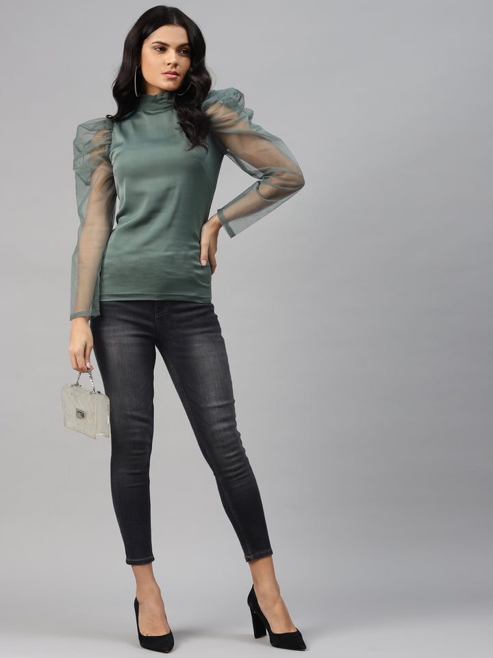 plusS Women Green Puff Sleeve Regular Top