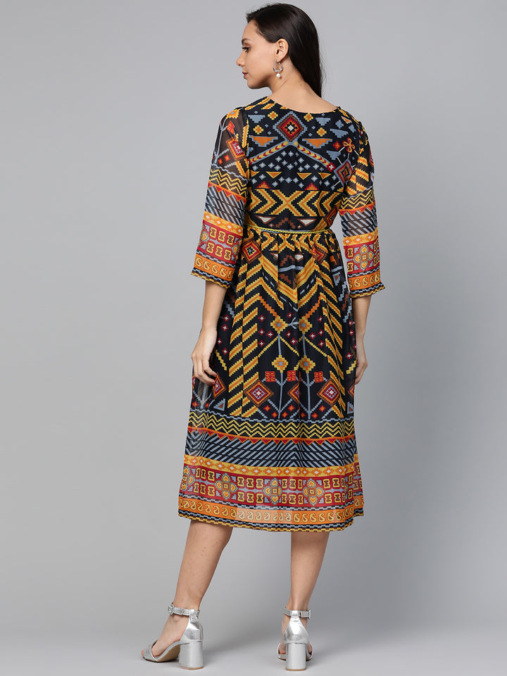 plusS Navy Blue  Mustard Yellow Geometric Printed A-Line Dress