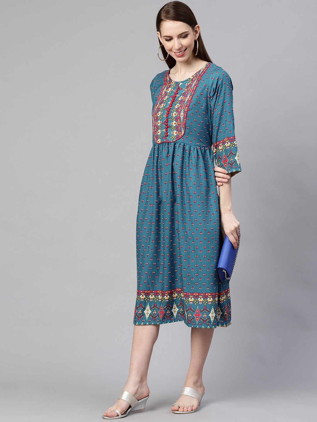 Blue  Pink Ethnic Motifs Ethnic A-Line Midi Dress