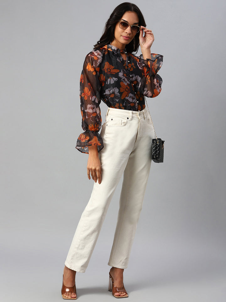 plusS Black  Orange Floral Print Mandarin Collar Top