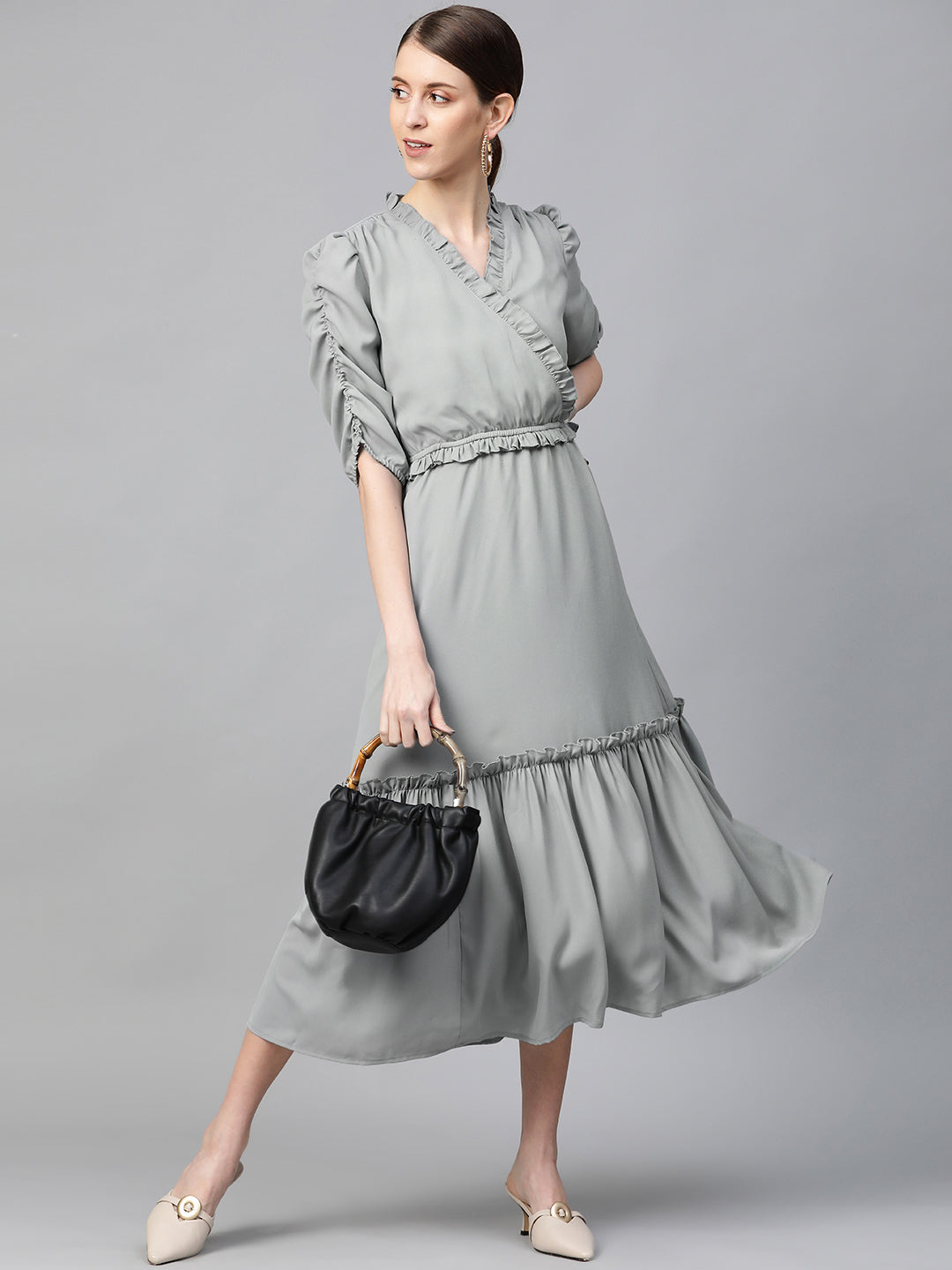 plusS Women Grey Solid Frilled Tiered Wrap Dress