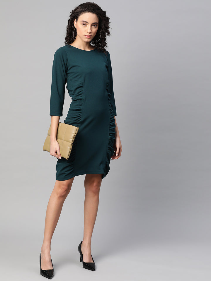 plusS Women Teal Green Ruched Solid Sheath Dress