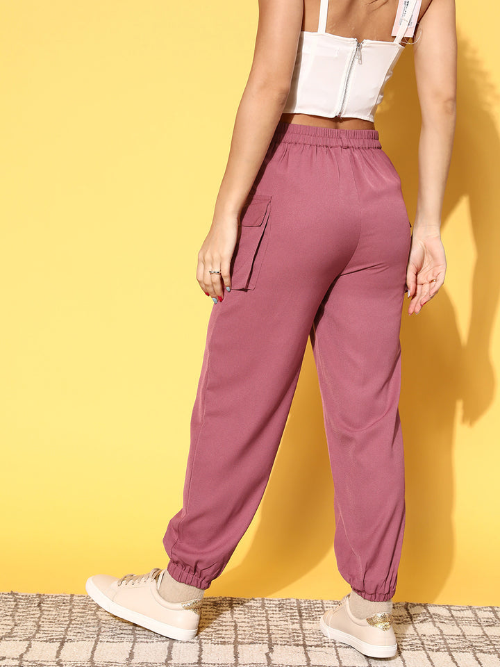 Women Burgundy Solid Utility Track Pants