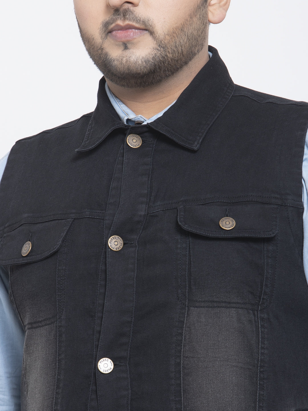 Men Plus Size Black Solid Sleeveless Denim Jacket