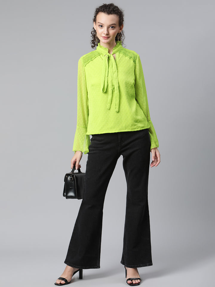 plusS Women Fluorescent Green Self Design Dobby Weave Top