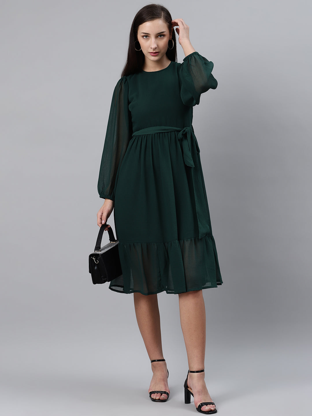 plusS Women Green Solid Fit and Flare Dress with Belt