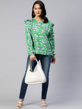 plusS Floral Print Puff Sleeves Ruffled Top