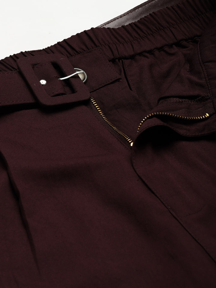 plusS Women Maroon Solid Pleated Trousers with Belt