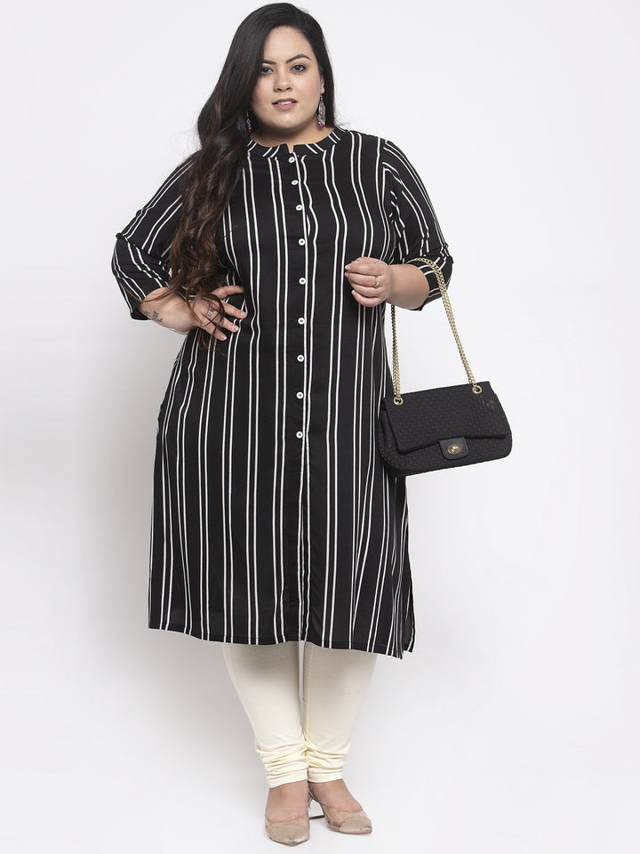 Women Black & White Striped Straight Kurta