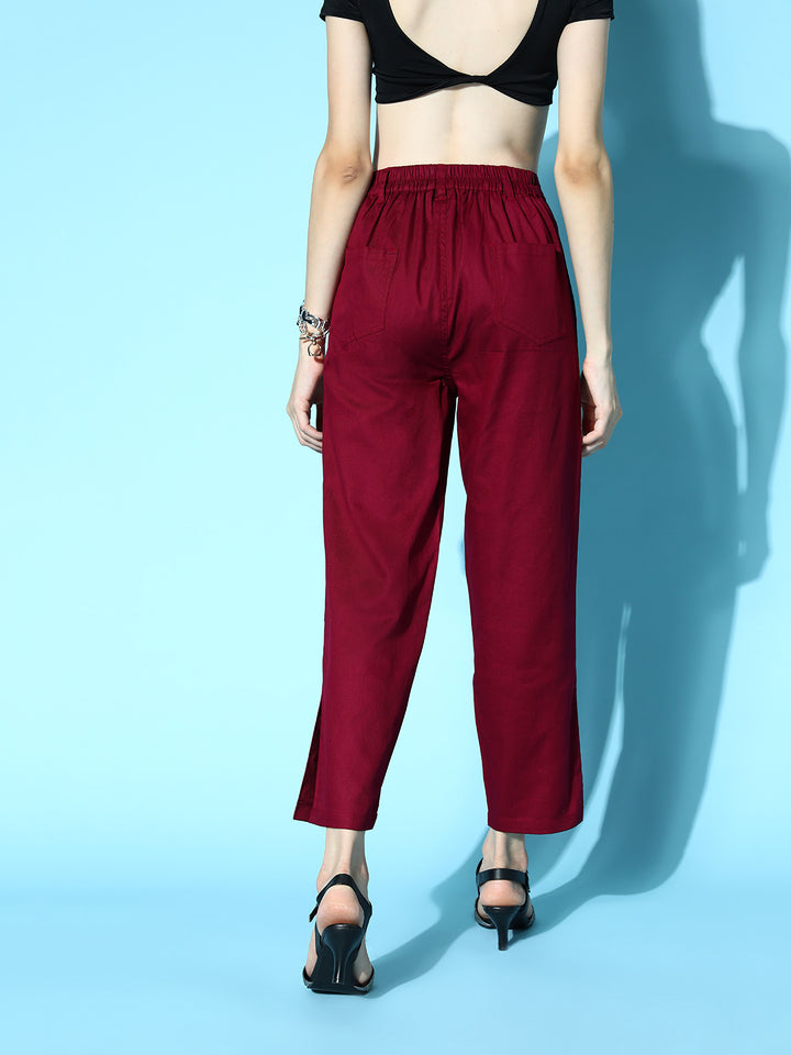 plusS Women Deep Red Solid Y2K Cargo Trousers