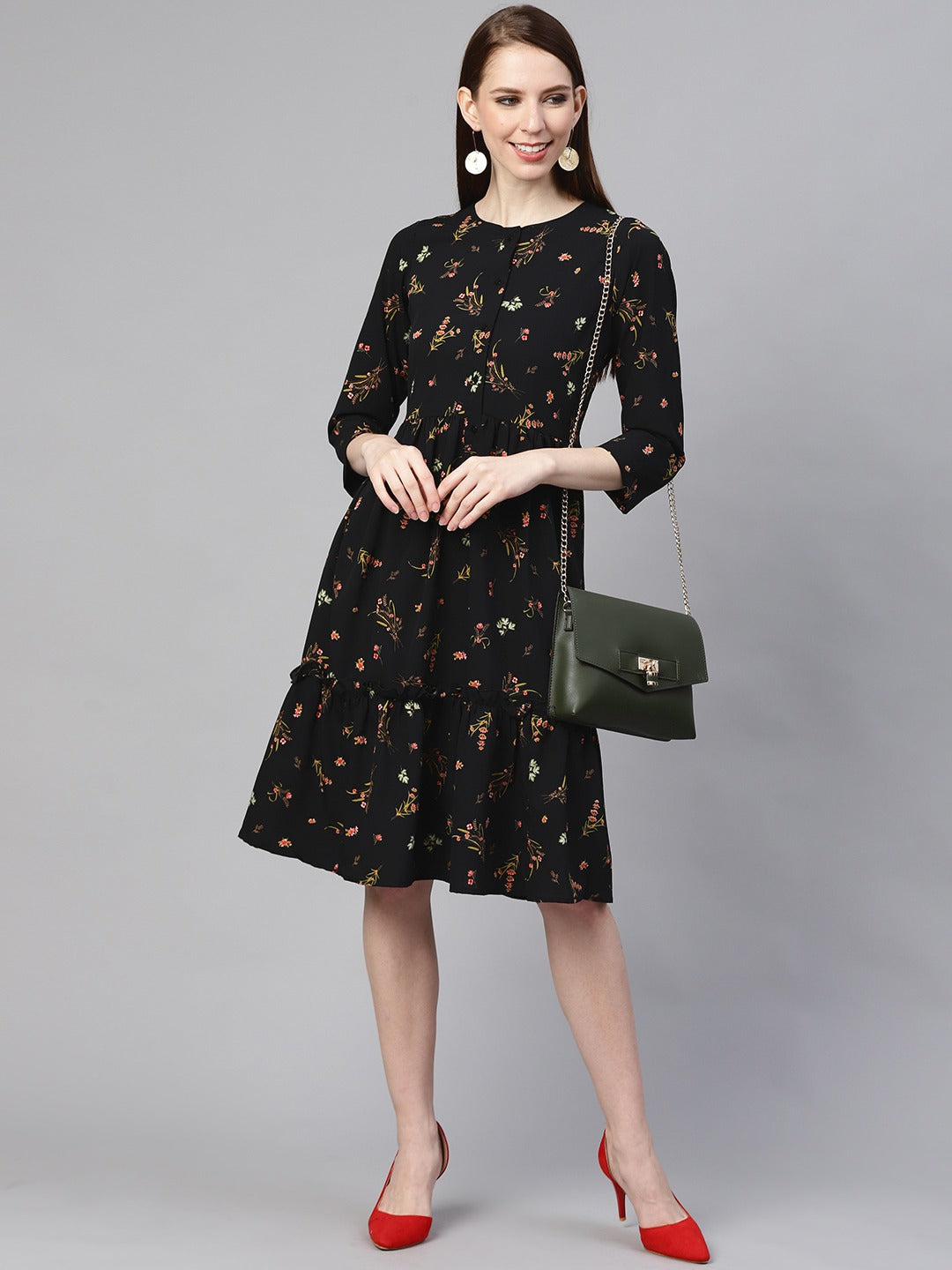 plusS Women Black  Green Floral Print A-Line Dress