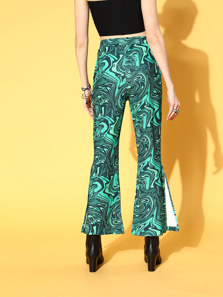 plusS Women Green Abstract Print Side-Slit Trousers