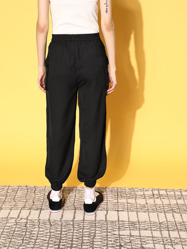 Women Classy Black Solid Utility Track Pants