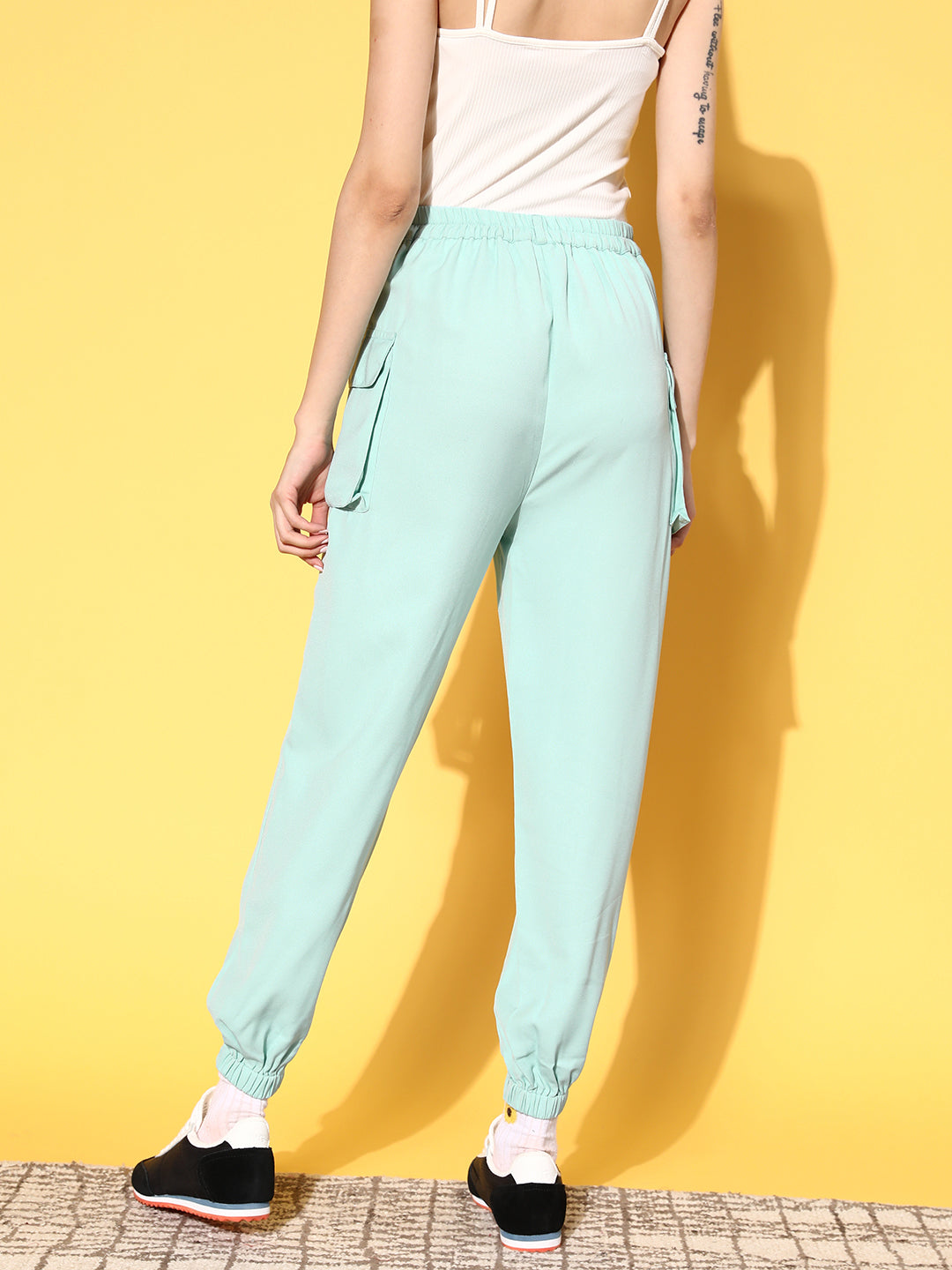 Women Enchanting Sea Green Solid Utility Track Pants