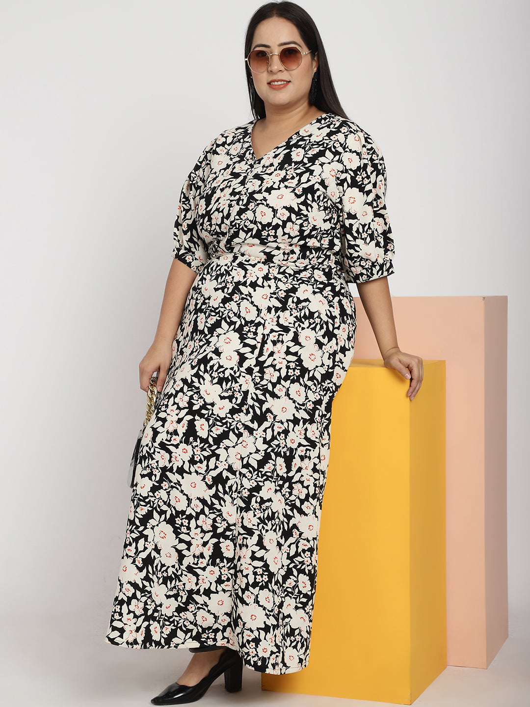 Plus Size Floral Printed V-Neck Cuffed Sleeve Fit & Flare Pleated Cotton Maxi Dress