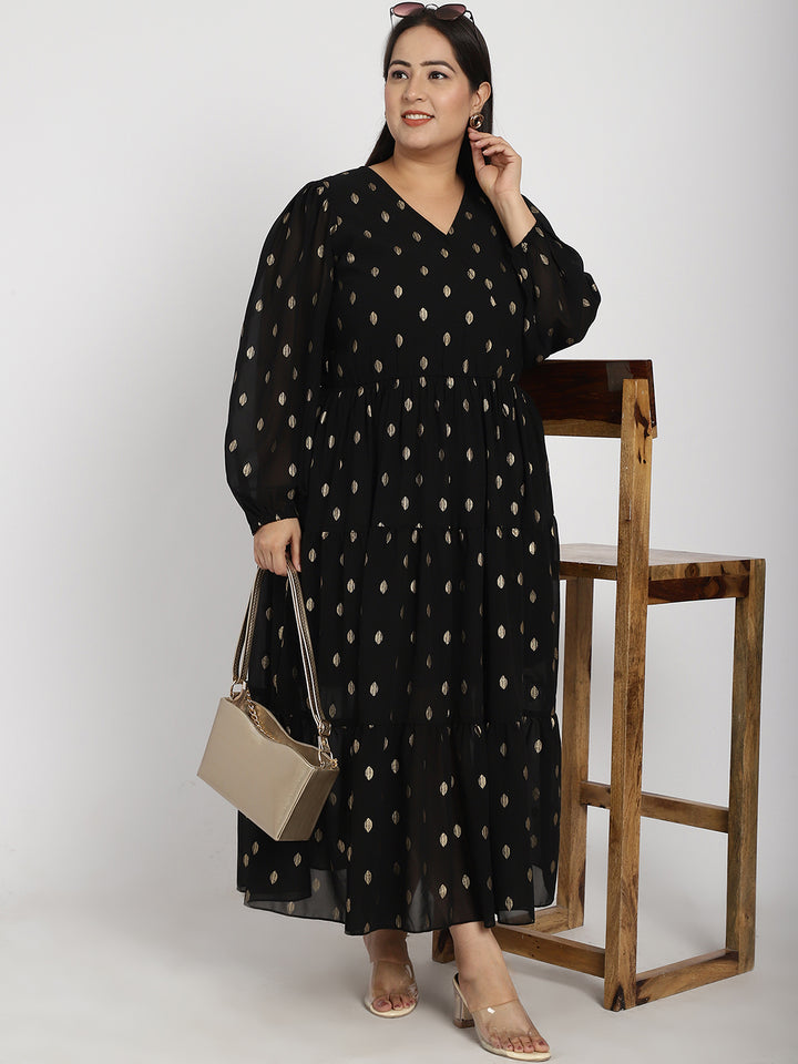 Plus Size Geometric Printed V-Neck Puff Sleeve Fit & Flare Pleated Maxi Dress