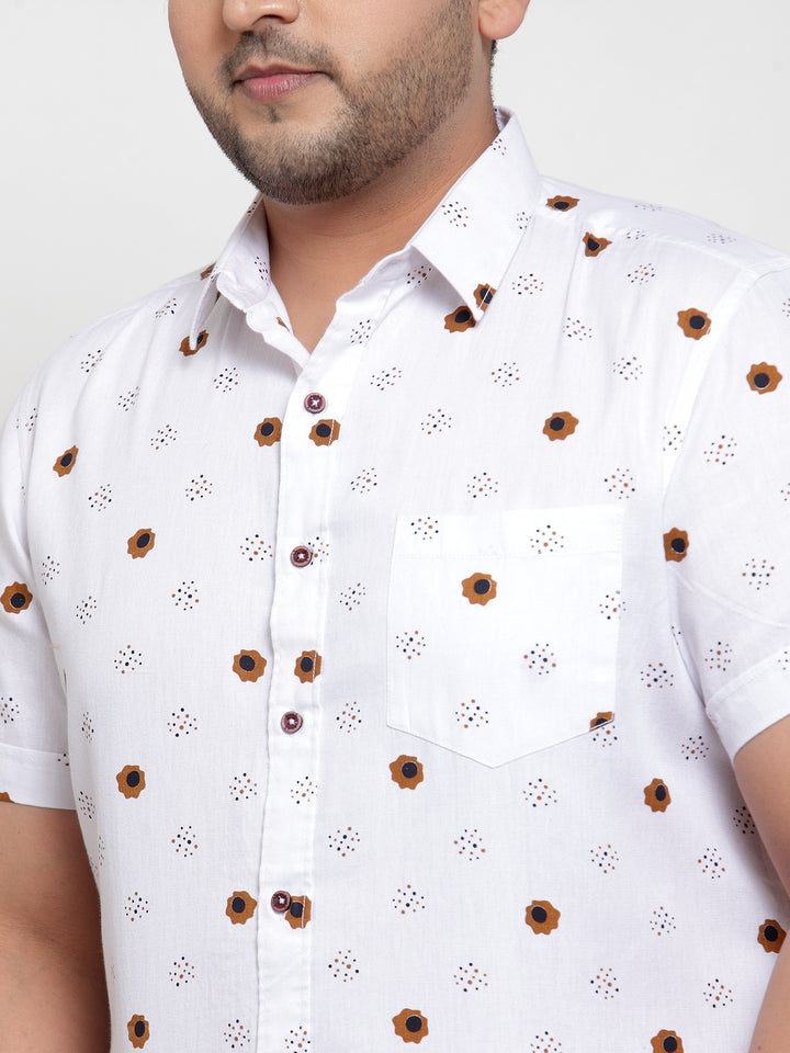 Men Plus Size White Regular Fit Printed Casual Shirt