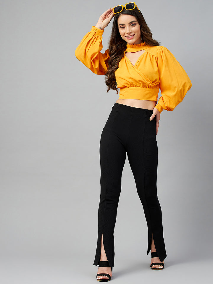 plusS Yellow Solid Mandarin Collar Wrap Crop Top