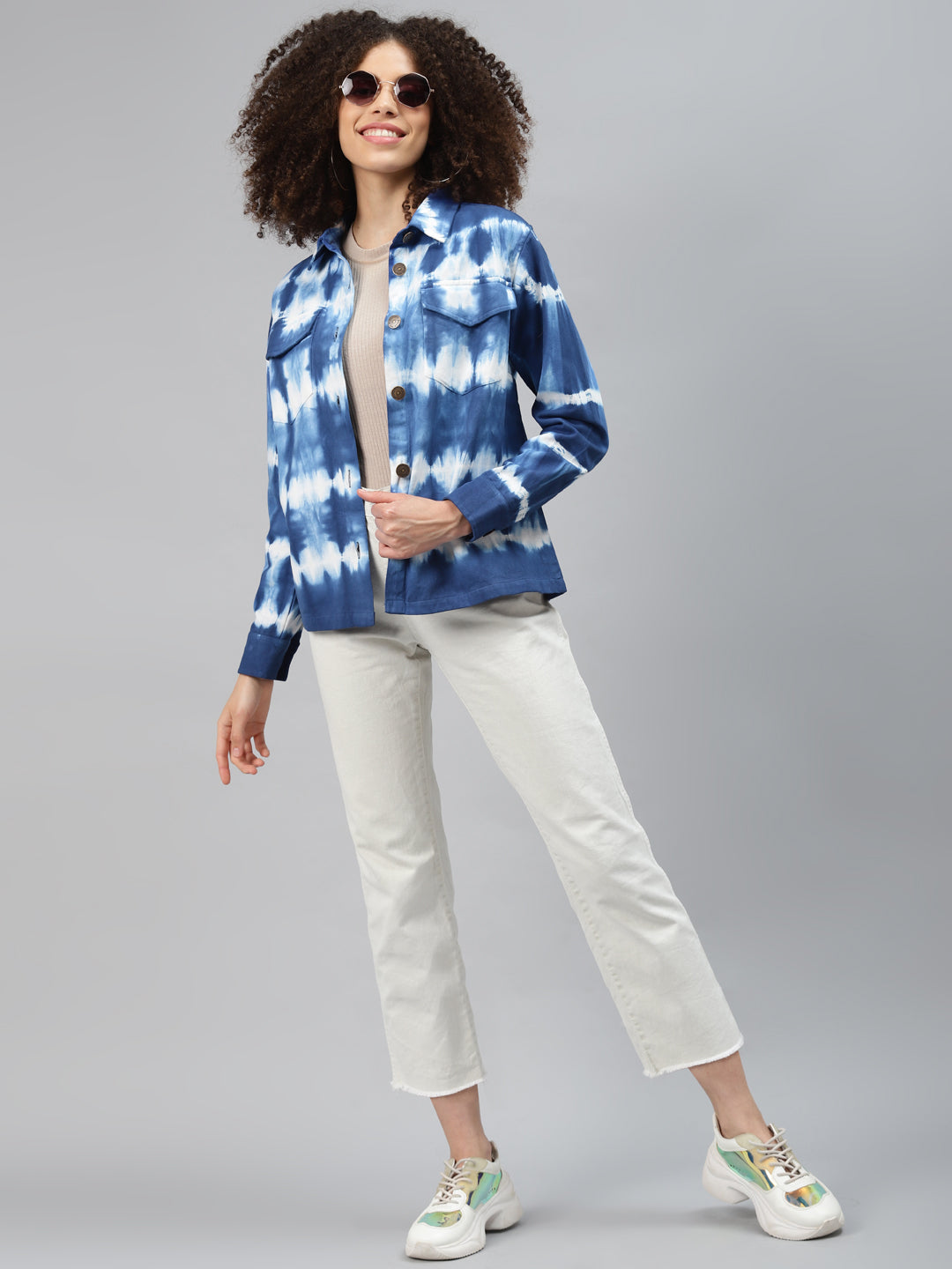 plusS Women Blue White Tie and Dye Tailored Jacket