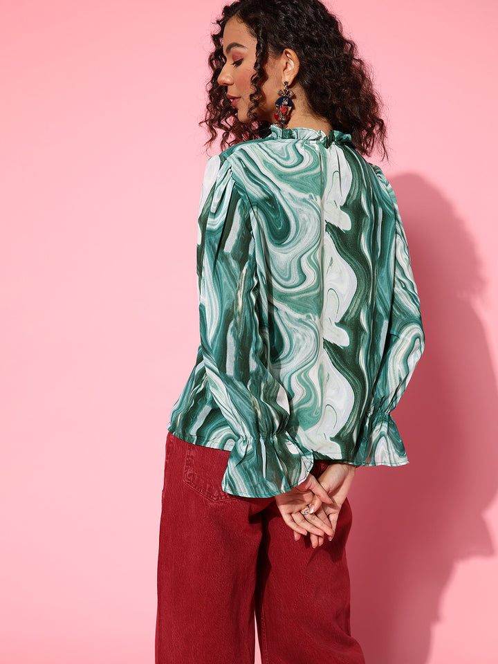 plusS Green Print Mandarin Collar Georgette Top